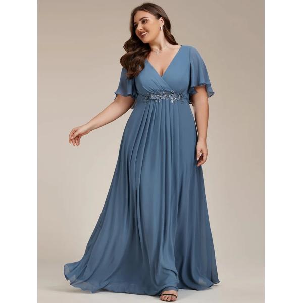 Empire Plus Size Applique Short Sleeve A-line V-neck Flutter Sleeves Invisible Zipper Burgundy Chiffon Homecoming Dress