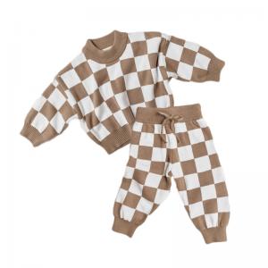 Quality 2PCS Customized Checkerboard Sweater Set 100% Cotton Knit Wear For Little Girls wholesale