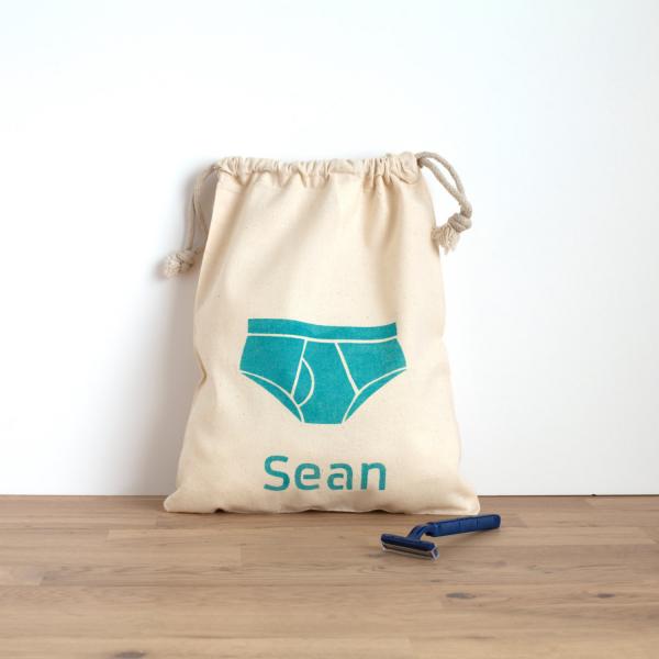 Cheap Underwear bag - hand printed customised text in blue on cotton bag - personalised briefs b for sale