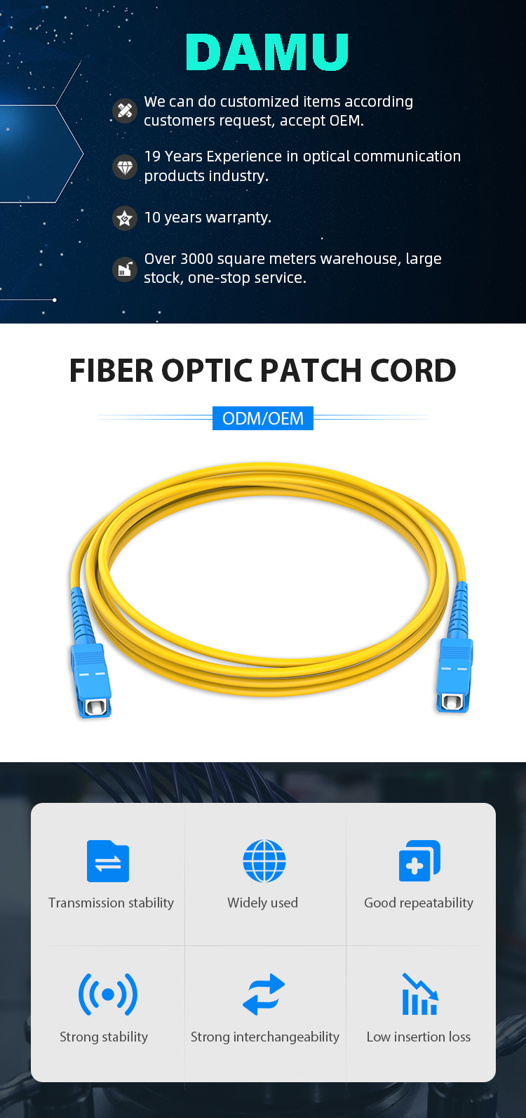 Single mode 9/125 sc upc-sc upc fiber optic patch cord