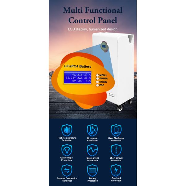 16S1P Wall-Mounted LiFePO4 Battery Pack with Smart BMS, RS485/CAN Communication Interface and LCD Display