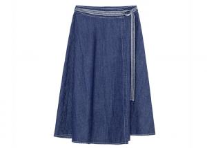 Quality Indigo Denim Ladies Skirt Dress Beltd High Waist Knee Length Skirt Wide Hem wholesale