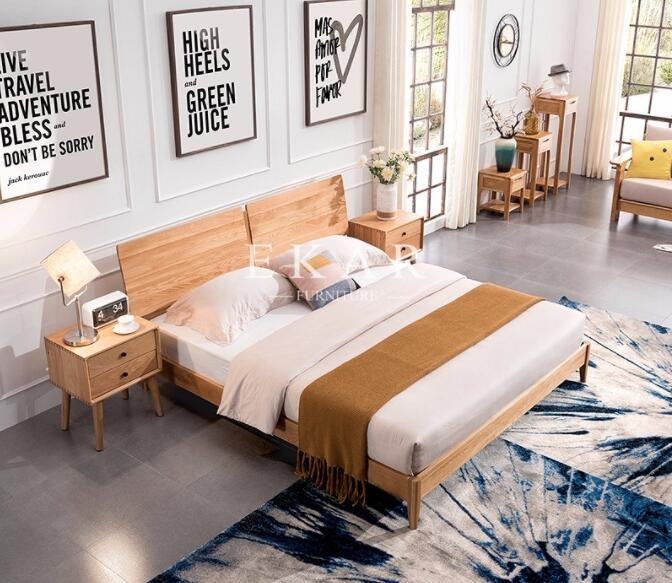 Solid Oak Wood Fabric Headboard Nordic King Size Bed