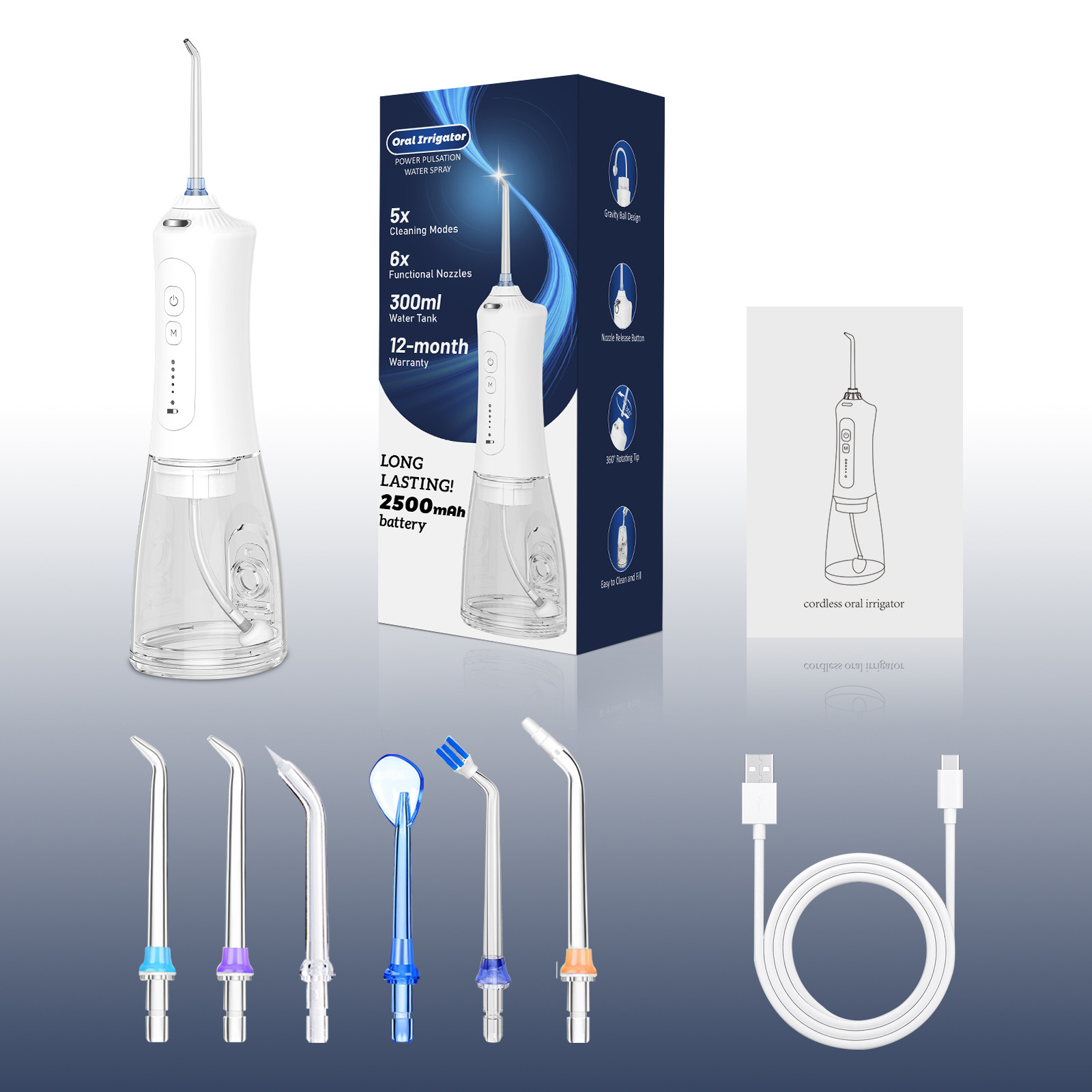 Portable 2500 mAh Battery Electric Water Flosser with 300ML Water Tank for Oral Care