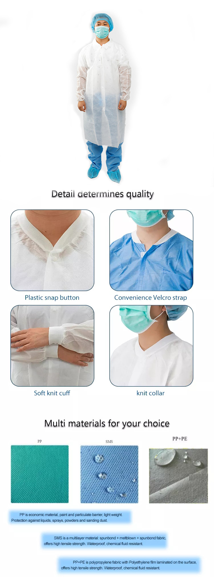 Enduring Disposable Medical Coat Lightweight Nonwoven Sms Material
