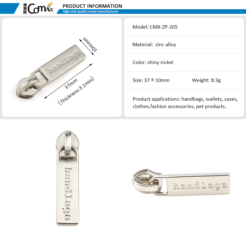 Bag Wallet Clothing Luggage Accessories Silver Metal Zipper Slider Customized Zipper Pull
