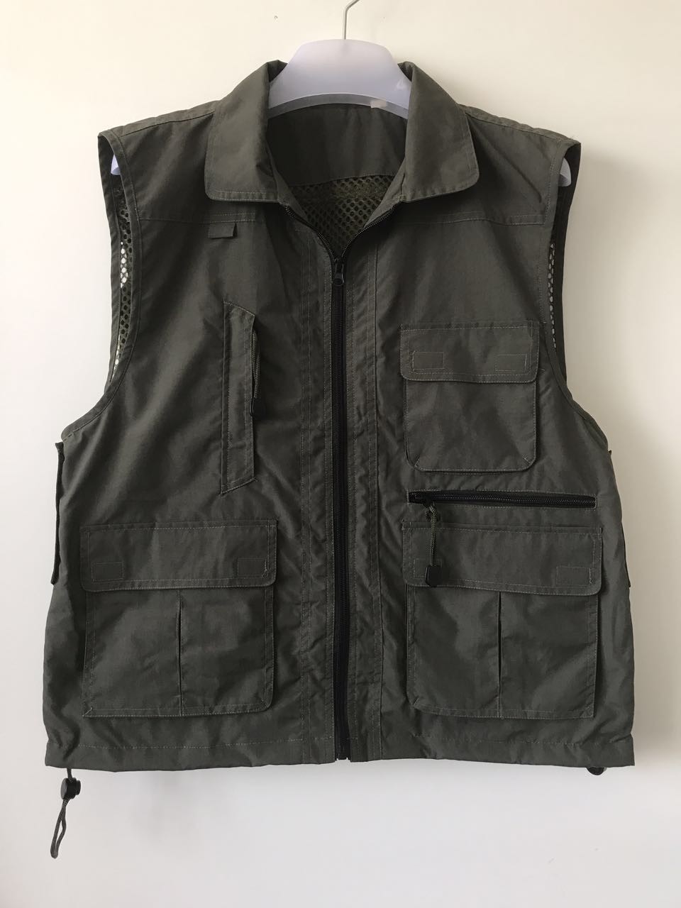 Fishing vest 033 no hood in taslan fabric, olive green color, water proof, quick dry, S-3XL