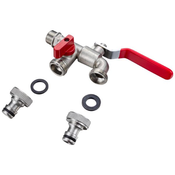BSP Thread Outdoor Garden Hose Tap Red Iron Handle Brass 3 Way Bibcock With Double Outlets