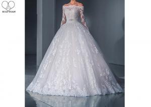 Quality Off The Shoulder Ball Gown Wedding Dress Beaded Belt Long Sleeve Lace Tail wholesale