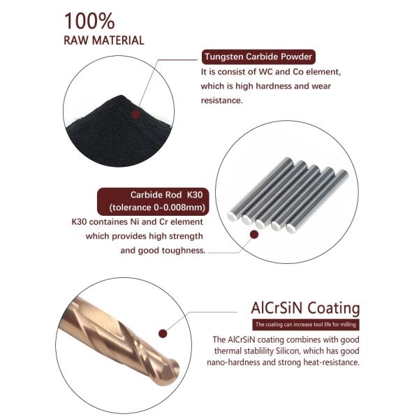 High Performance Machining HRC55 2 Flute Carbide Ball Nose EndMill with AICrSiN Coating for CNC Milling