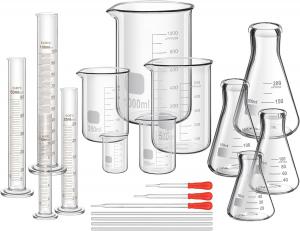 Quality Lab Glassware Include 4 Graduated Cylinder Set, 4 Glass Beaker Set, 3 Glass Dropper, 4 Stirring Rod, 5 Measuring Cups wholesale