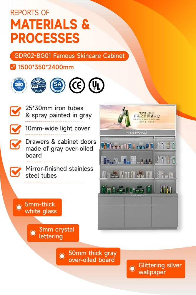 GDR02-BG01 Skincare Display Cabinet with LED Strip Lights and White Glass for Department Stores