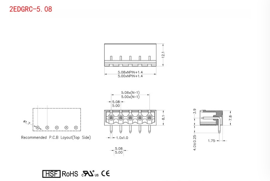 2EDGR-5.08MM 2p-12Pin Terminal Block Connector 2EDGV 2EDGVC 2EDGRC 2EDGR-5.08 Match to 2EDGK-5.08
