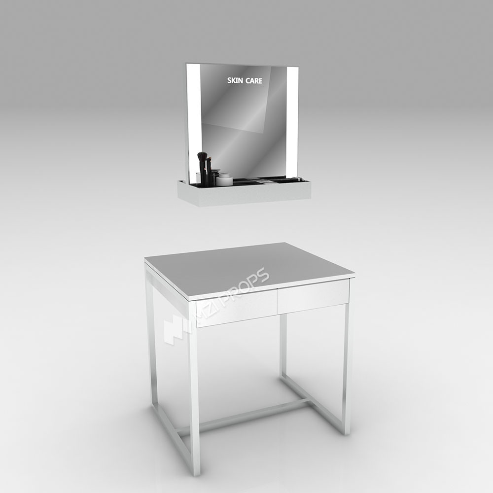 Grey Experience Desk Makeup Table With Mirror For Cosmetic Store Decoration And Skincare Shop Design
