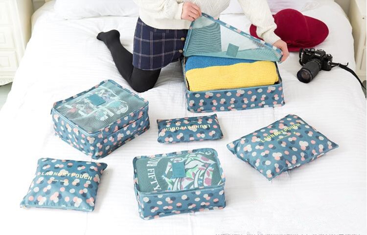 6 Pieces Polyester Travel Bag Set Clothing Shoes Cosmetic Luggage Organizer Set