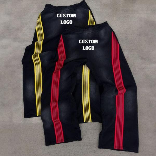 Custom Flared Baggy Stacked French Terry Striped Mens Wide Leg Acid Wash Applique Embroidery Patches Sweatpants With Stripe