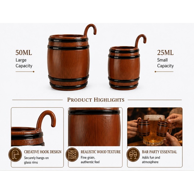 Shatter Resistant Small Plastic Shot Cups 25ml Plastic Whisky Tumblers Barrel Designs with Hook