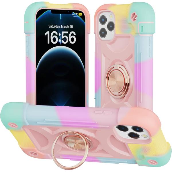 iPhone 12 Pro Max Case 6.7" - Heavy-Duty Shockproof, Ring Stand, Glass Screen & Camera Lens Protector (Rainbow Pink)