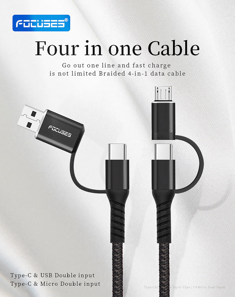 3A 60W Multifunctional USB Cable Nylon Braided 4 In 1 USB Charging Cable