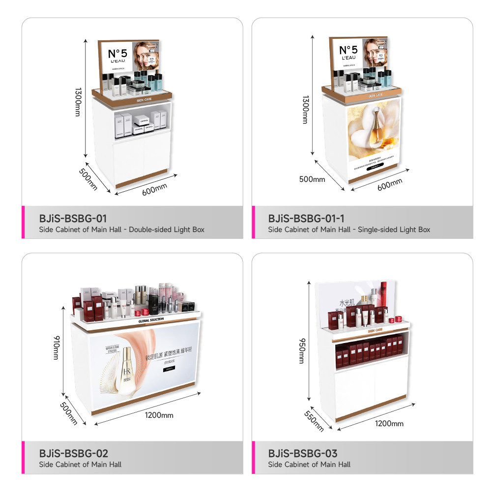 Skincare Display Stand Platinum Wooden Central Hall Cabinet With Light Box For Space-Saving Store Design And Multi-Functional Store Furniture