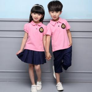 China Summer Cotton Fabric Kindergarten Primary School Uniform / Kid Pink Polo Shirts on sale