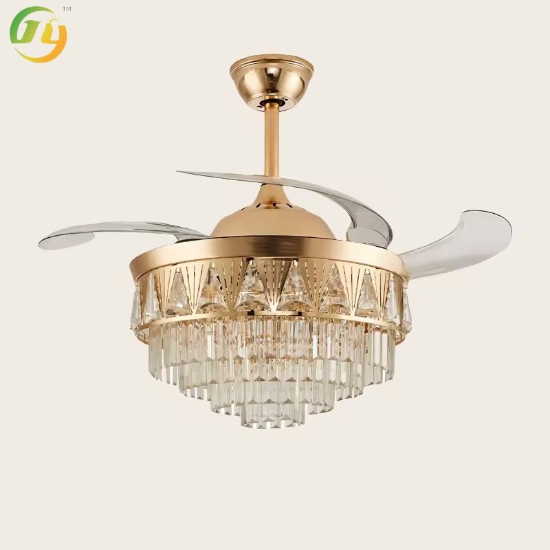 Luxury Golden 42'' LED Remote Control Crystal And Metal Fancy Pendant Lamp Modern Home Crystal Ceiling Fan With Light