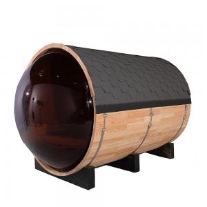China Panoramic View Outdoor Wood Barrel Sauna Rooms Red Cedar on sale