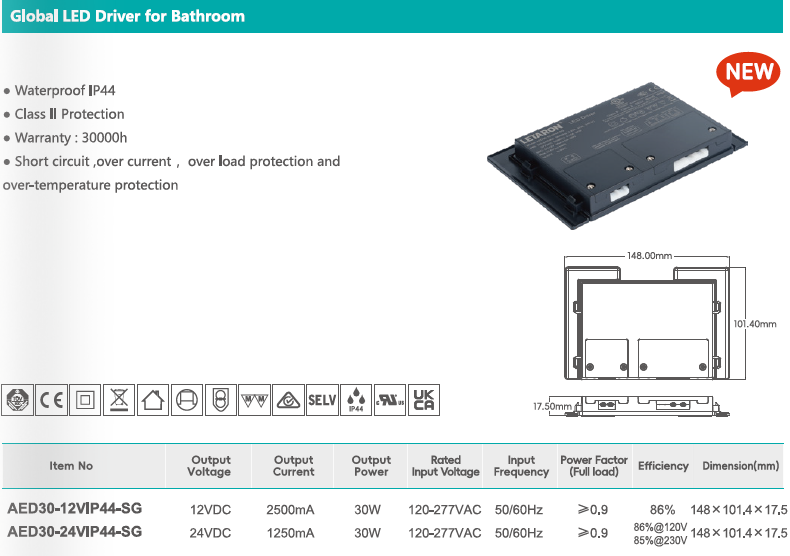 12V/24V Global IP44 Bathroom LED Driver 30W/60W/80W/90W with CE UKCA Approval