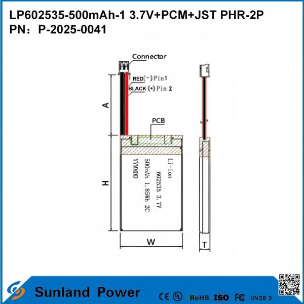 LP602535-500mAh-1 3.7V+PCM+JST PHR-2P battery