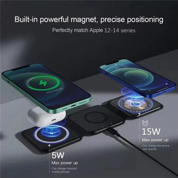 Magnetic 3 In 1 Foldable Wireless Charger iPhone 12-15 15w Fast Wireless Charging Stand Station Portable Wireless Chargers
