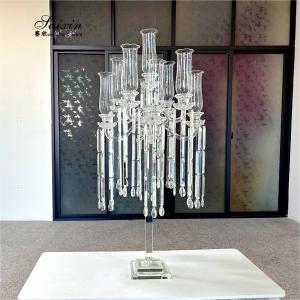 China Wholesale Design Crystal Wedding Decoration Centerpiece Clear Candelabra With Hanging Crystal on sale