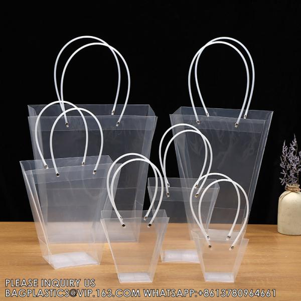 Customized Transparent Trapezoid PP Bag Plastic Clear Flower Packing Bag With Handle Floral Package Bags, Gift Pack