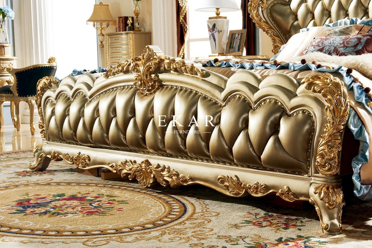 Royal Wooden Carved Design Luxury Leather Headboard King Size Bed LF-029