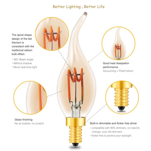 230V Spiral LED Filament Bulb 3W E14 E12 Vintage Edison Bulb Aluminum Holder