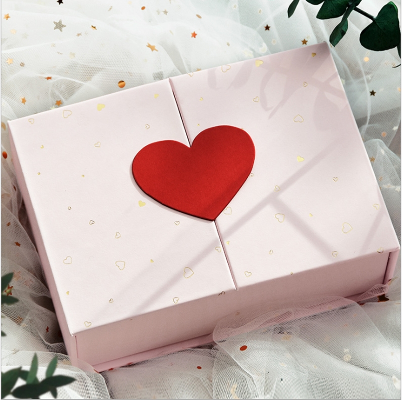 Gift Packaging Square Pink Heart Decoration Double Doors Cosmetic Box with Ribbon Closure
