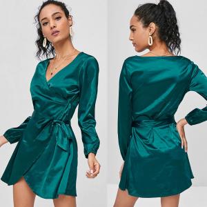 China 2018 Fashion Fall Clothing Women Satin Wrap Dress Long Sleeve Mini on sale