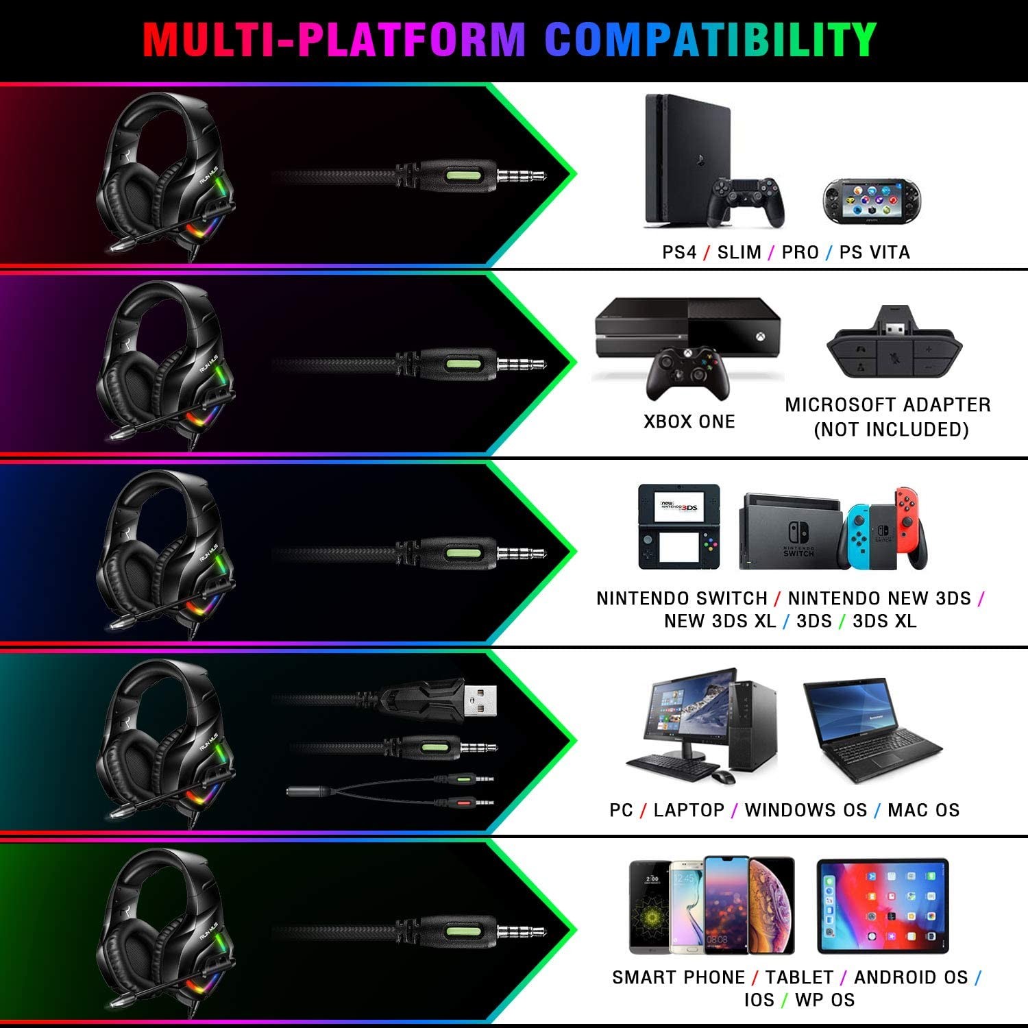 50mm 117dB RUNMUS K1B Stereo Gaming Headset With LED Light