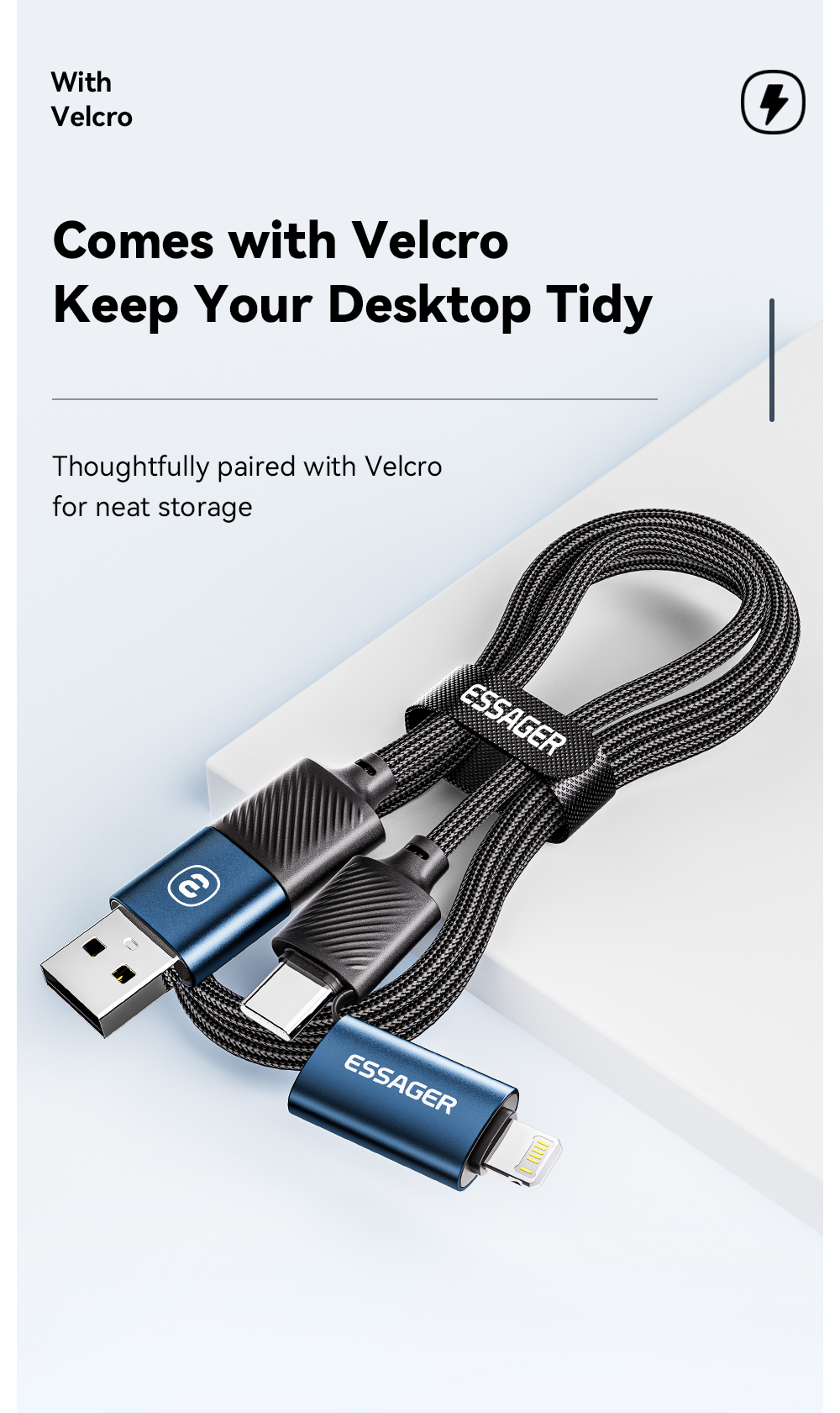ESSAGER ES-X49 65W Usb to Type C Lightning 4 in 1 Charger Data Cable for Phone Laptop
