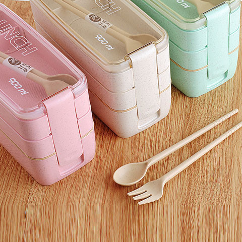 Wheat Straw Rectangle 3 Layer Multi Compartment Lunch Box With Fork And Spoon