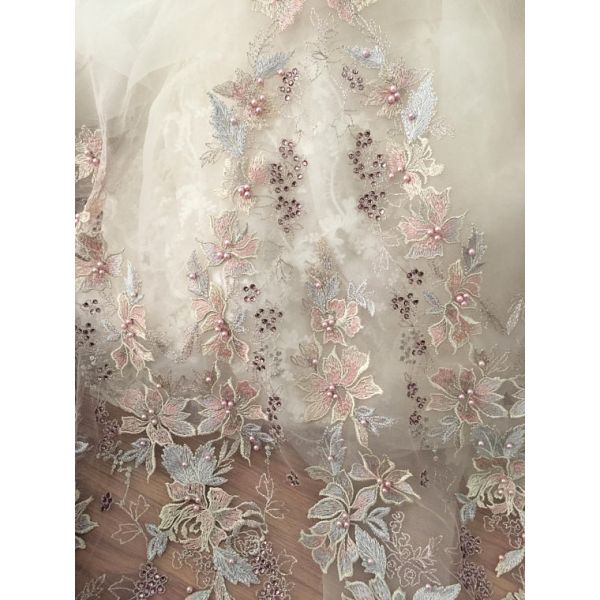 36 Inch Pearl Beaded Embroidery Lace Fabric By Yard For Haute Couture Wedding Gown