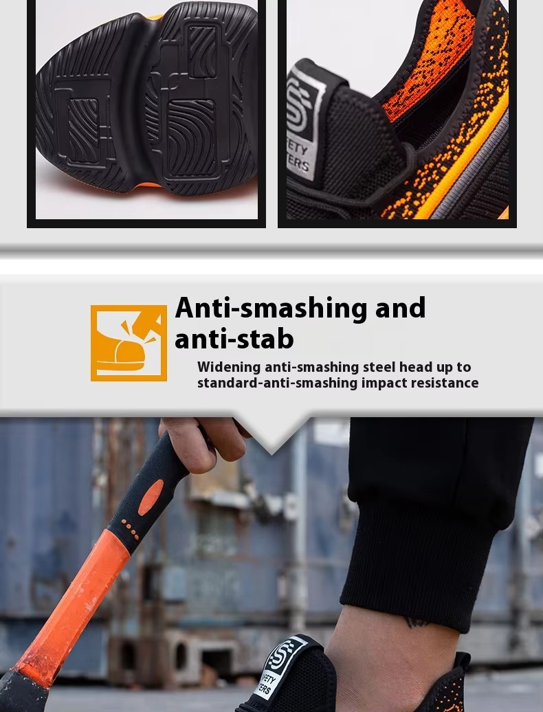 Black Comfortable Kevlar Mid Sole Anti-stab Work Shoes With Steel Toe Breathable Flying Knit