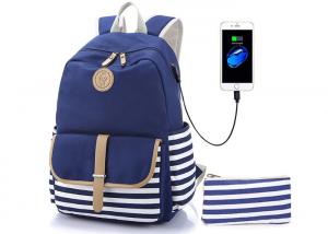Quality Canvas Stripe Kids School Backpack Built In USB Charger Customized Logo wholesale