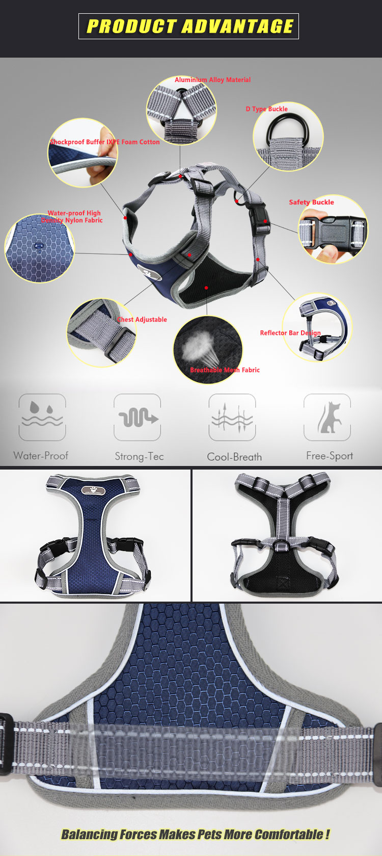 New Design Breathable No Pull Chest Easy Walk Dog Harness for Big Dog