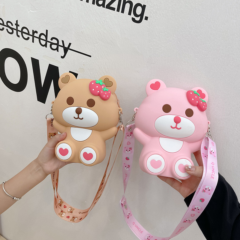 Bear Lightweight Silicone Pencil Case For Durable Stationery Storage Crossbody Shoulder Purse Bag Cute Mini Handbag