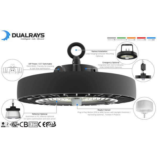 HB4H DIP Switchable Power and 3CCT UFO LED High Bay Light 200W 150LPW with Loop hanging and bracket mounting installation
