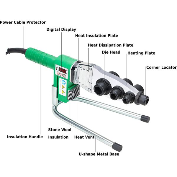 Plastic Pipe Fusion Welder 20-63mm 800W/220V For PPR, PE, PP，PVDF And PB Pipes Separate Front Die Head Corner Welding