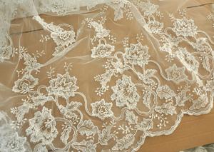 Quality Off White Wedding Dress Tulle Lace Fabric , Embroidery Beaded Ivory Bridal Lace Fabric wholesale