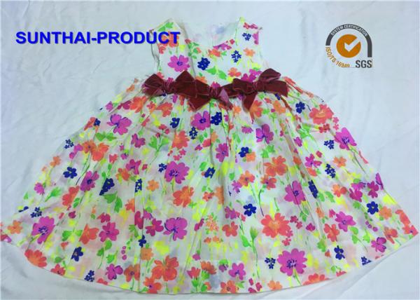 Cheap 3D Bows Little Girl Cotton Dresses , Sleeveless Floral AOP Kids Summer Dresses for sale