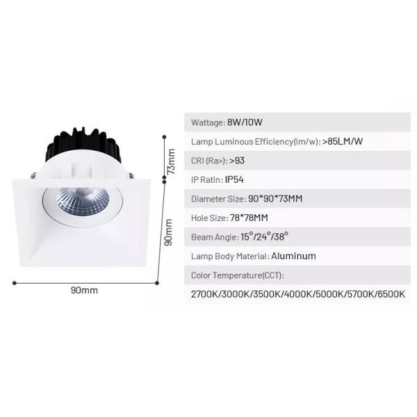 8W 10W Non-flicker Square anti-vertigo spot downlight, IP54 dimmable ceiling spotlights