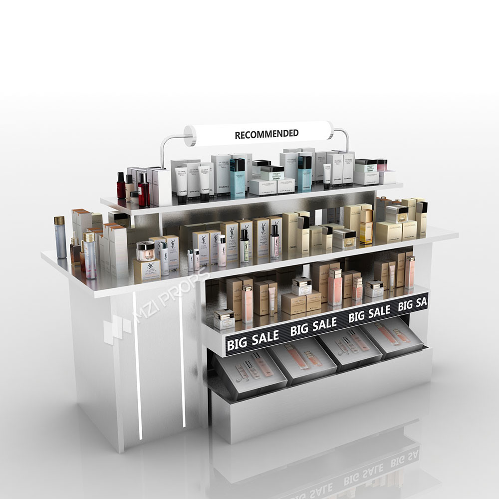 High Quality Cosmetics Store Display Rack Premium Stainless Steel Promotion Cabinet With White Organic Light Tube For Retail Store Design